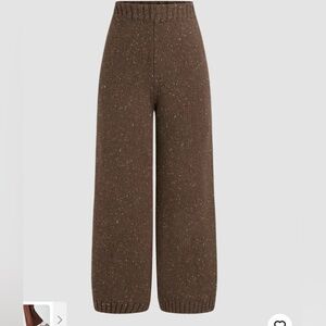WOOL-BLEND MID WAIST KNITTED SOLID ELASTIC WAIST WIDE LEG TROUSERS BROWN